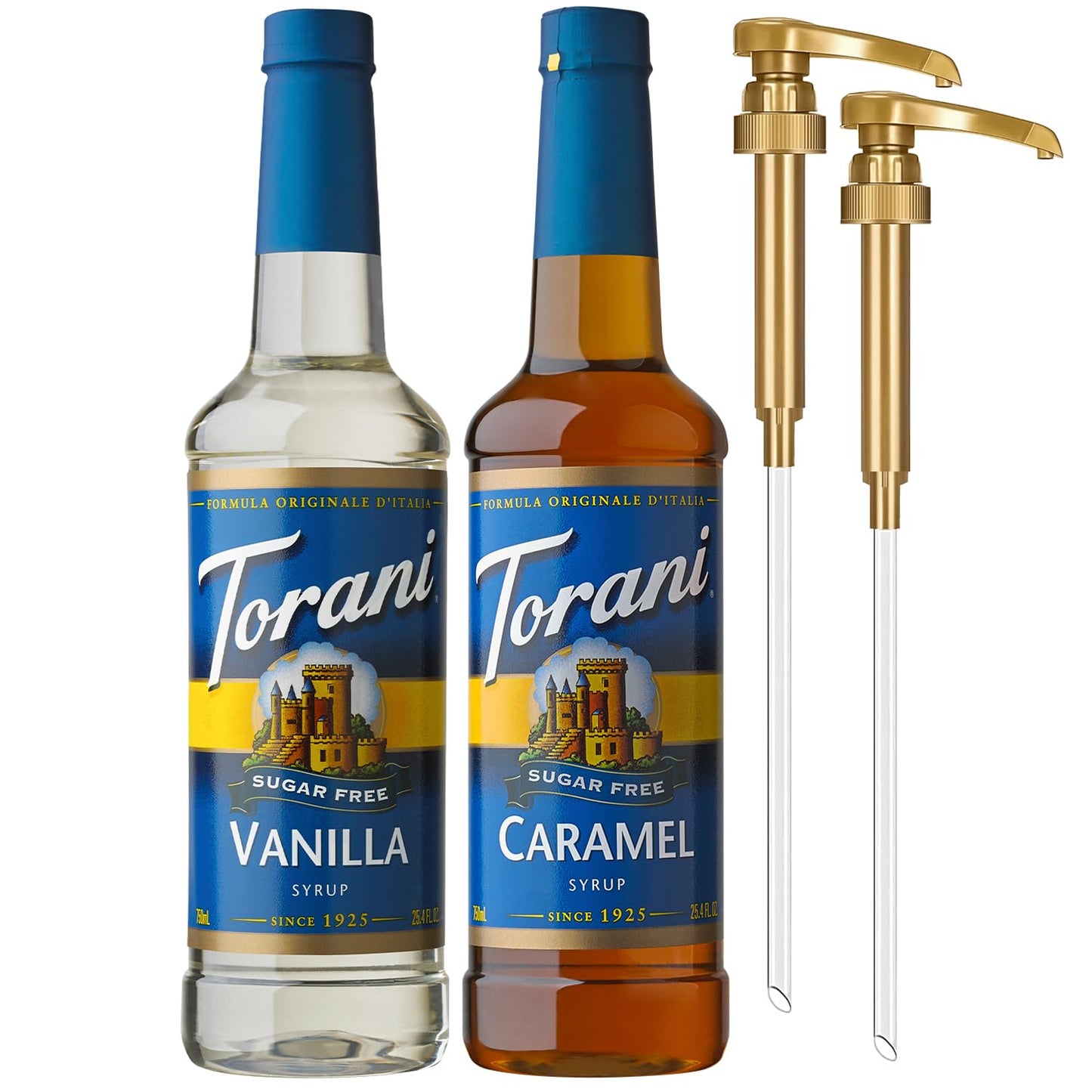 Torani Sugar Free Caramel Syrup and Sugar Free Vanilla Syrup Variety 2-Pack, Coffee Syrups for Drinks, Pumps Included, 25.4 Fl Oz Ea