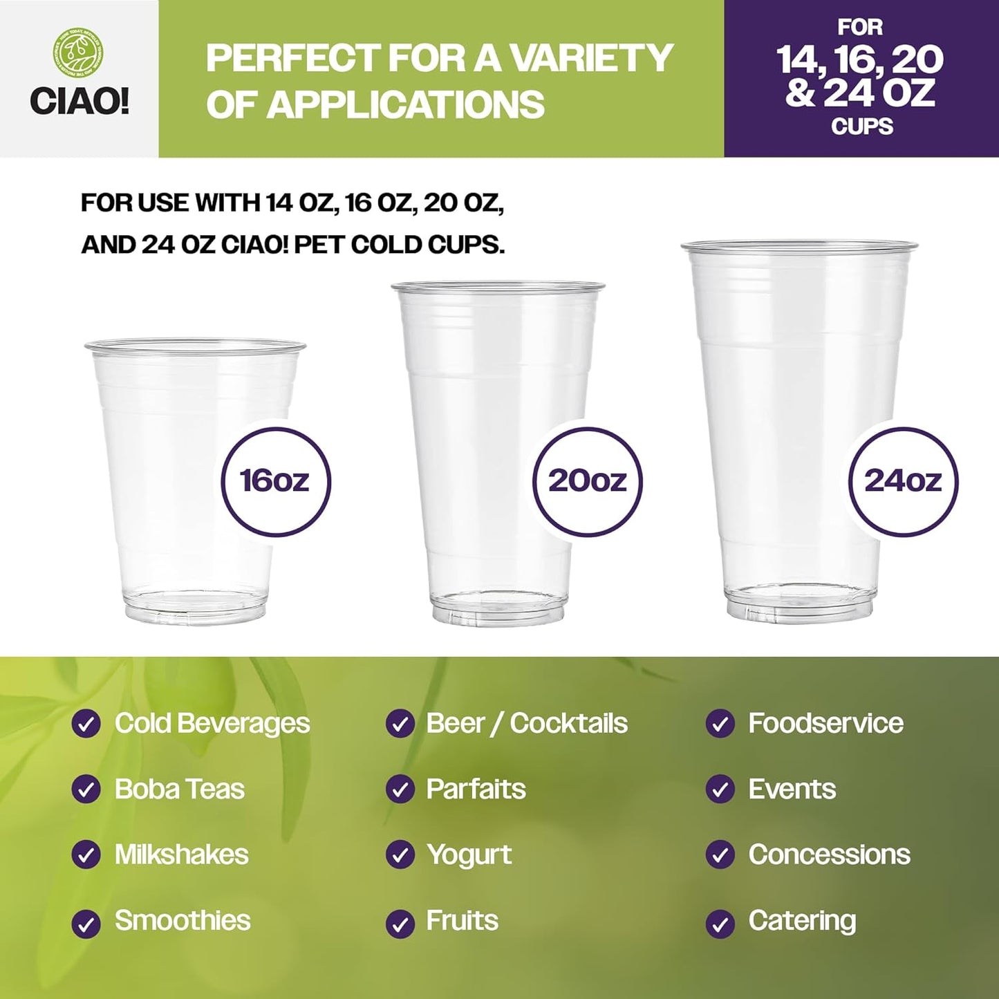 CIAO! PET Flat Lid with Straw Slot, Designed and Fit for 14OZ/16OZ/20OZ/24OZ PET Cold Drink Cups, 98mm (Case of 1,000)