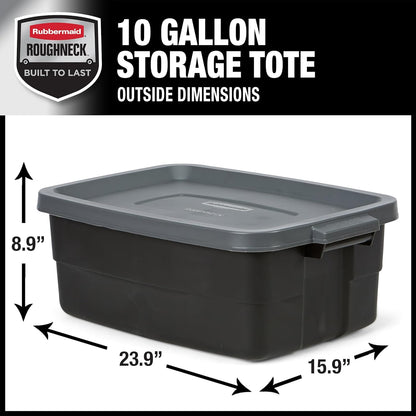 Rubbermaid 6-Pack Totes for Storage with Lids, Heavy Duty Plastic Storage Bins with Lids, Black Gray, 10 GAL - Stackable for Garage, Attic, Camping (10 GAL - 6 Pack Solid Black and Grey)