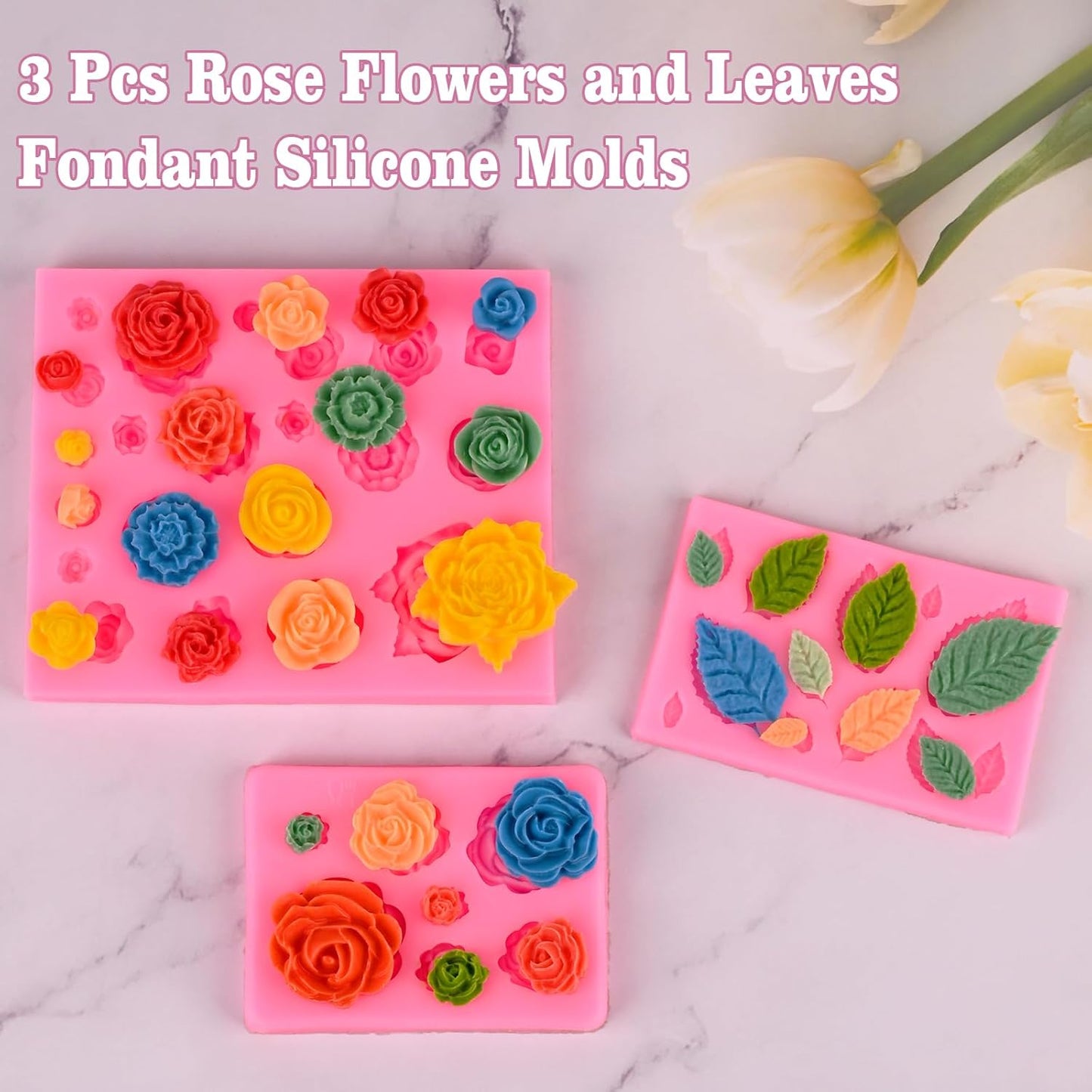 Actvty Rose Flower Silicone Mold, Leaves Candy Mold, 3 Pcs Mini Rose and Leaf Silicone Molds for Chocolate Fondant Sugarcraft Clay Candy Gummy Cupcake Toppers Cake Decorating