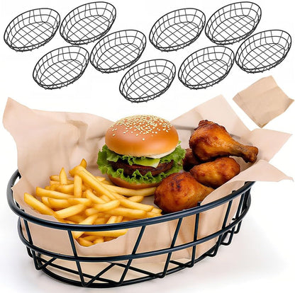 10 Pcs Wire Bread Basket Bulk 9.5 x6.2 x2.2 Inch Large Oval Metal Dinner Roll Baskets for Serving Fruit Bowl Storage with 50 Sheet Deli Wrapper Paper for Restaurant Kitchen Fast Food