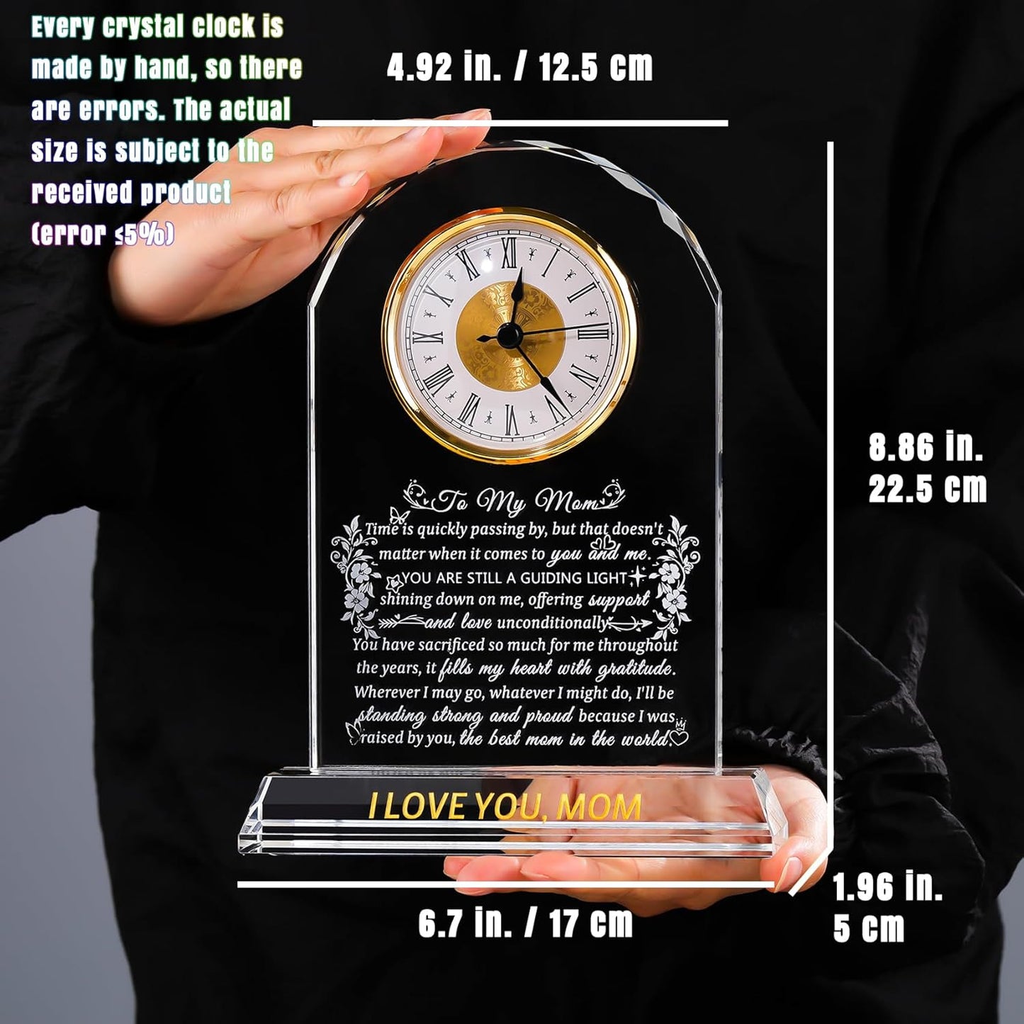 Gifts for Mom Crystal Clock Form Son Daughter on Mother's Day, Birthday - to My Mom Crystal Clock for Mother Desk Home Decor (8.8in, Gift Boxed)