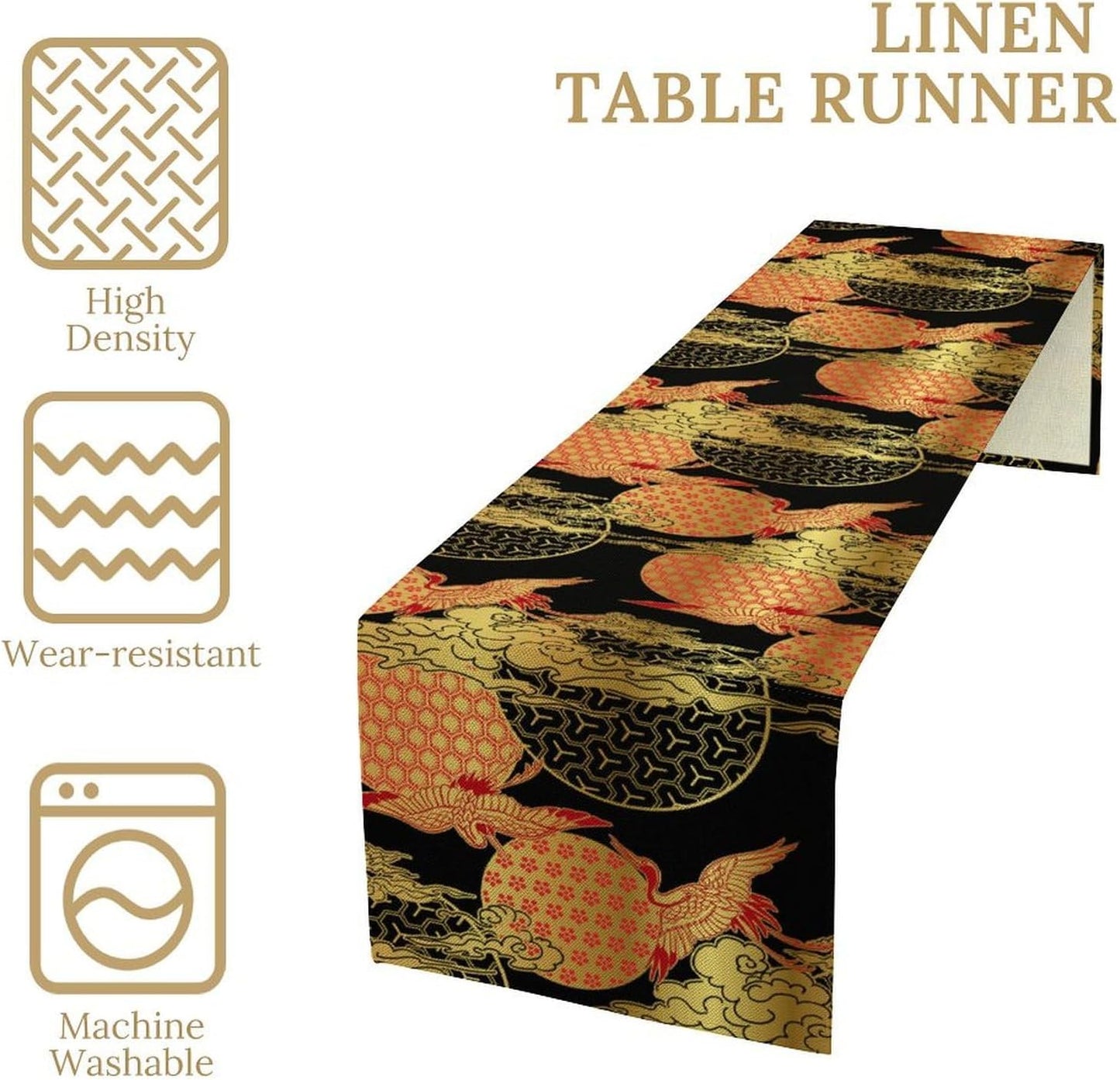 Japanese Crane Table Runner, Luxury Asian Style Oriental Line Art Abstract Geometry Glod Wave Traditional Elements Table Runner for Kitchen Home Party Dinner Set, 13x108 Inch