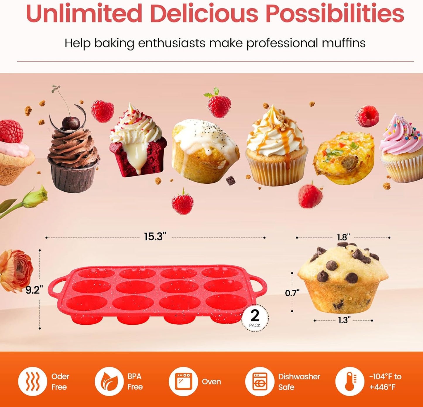 Silicone Muffin Pans for Baking, with Metal Reinforced Frame, Dishwasher Safe BPA Free Nonstick Silicone Cupcake Pan 12 Cups for Baking Homemade Muffins, Cupcakes - 2 Pack