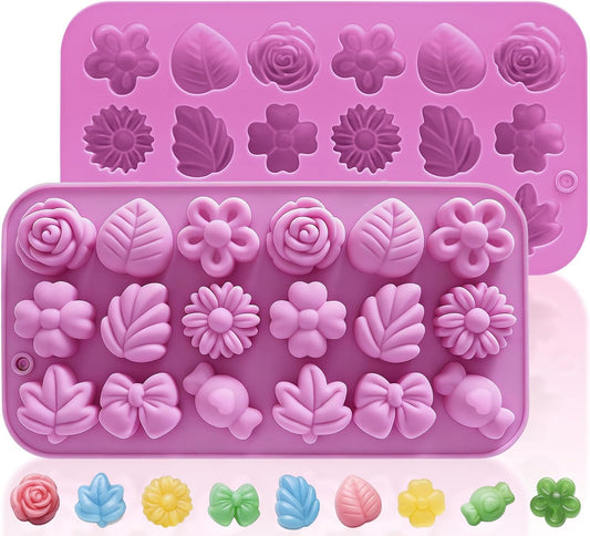 HKNMTT Flower Candy Molds Silicone, Small 9 Shapes Bite Size Chocolate Gummy Jello Gelatin Spring Cute Bow Rose Leaf Dessert Wax Melt Ice Cube Moulds Food Grade Treats Making Oven Safe Kids DIY Set