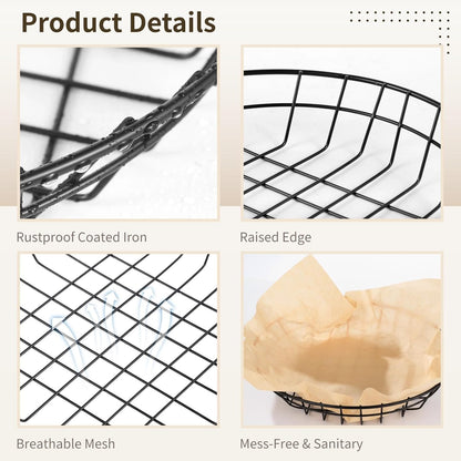 24 PCS Food Serving Wire Baskets, 9.8 x 9.8 x 1.8 Inch Wire Bread Baskets with 100 Sheets Deli Wrapper, Metal Snack Basket with Oil-Absorbing Paper for Restaurant Party