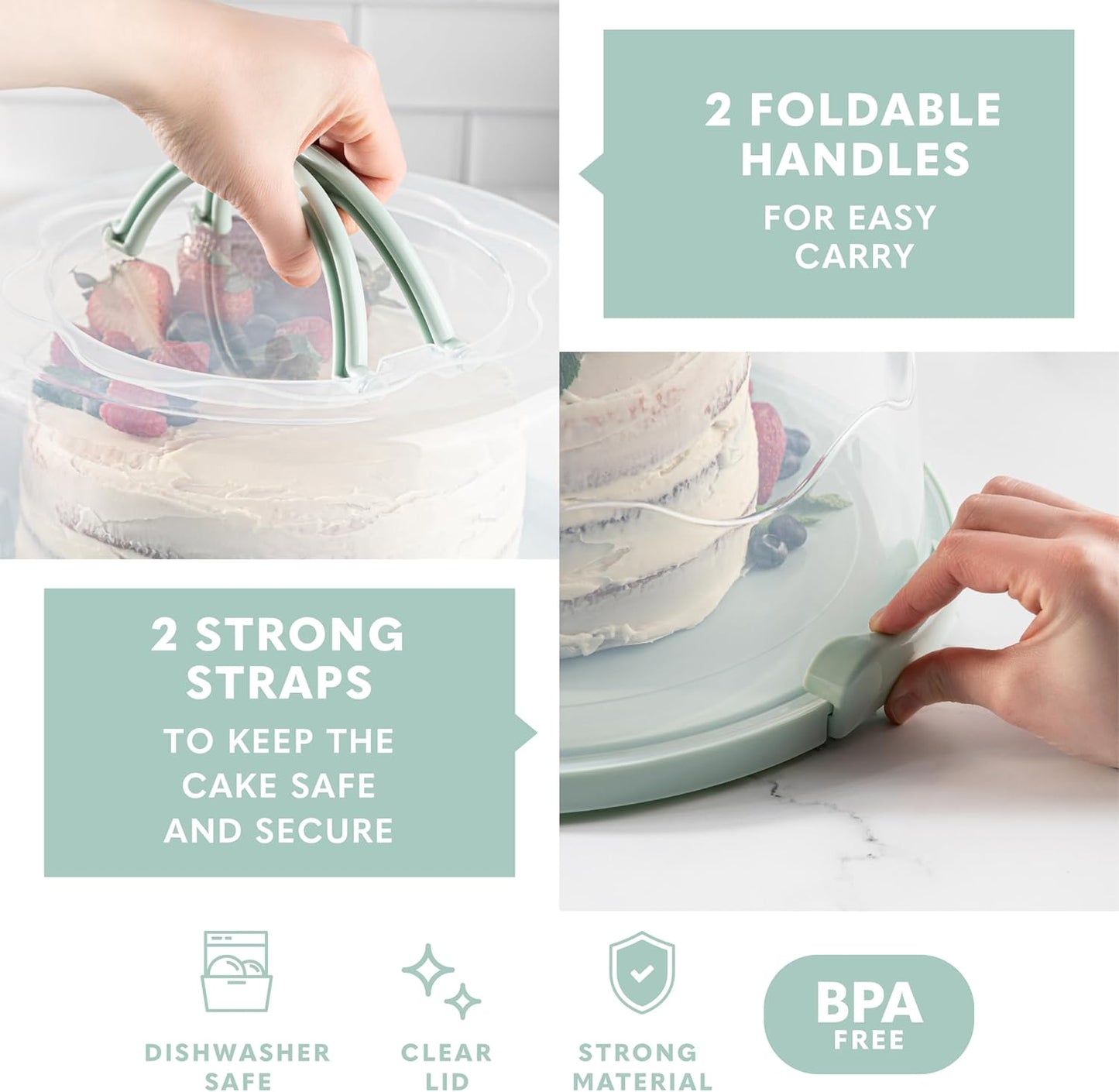 EXTRA LARGE & EXTRA STURDY Cake Carrier, Cake Stand with Lid and Foldable Handles - Multifunctional Serving Platter and Cake Plate - Cake Container with Dome and Strong Snaps 13 x 13 x 7 inch (Green)