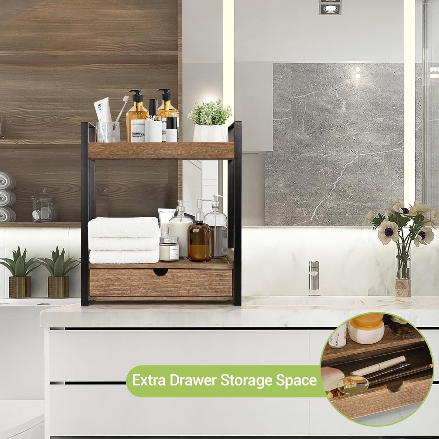 2-Tier Bathroom Organizer Countertop with Drawer, Wood Counter Shelf for Storage, Vanity Tray for Organization and Decor, Countertop Organizer for Bathroom, Kitchen, Office (Dark Brown)