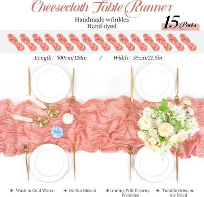 15 Packs Cheesecloth Table Runner - Peach Coral, 10 Ft Rustic Gauze Boho Wedding Table Runner Decoration for Wedding Party Bridal Shower, 21.5x120in
