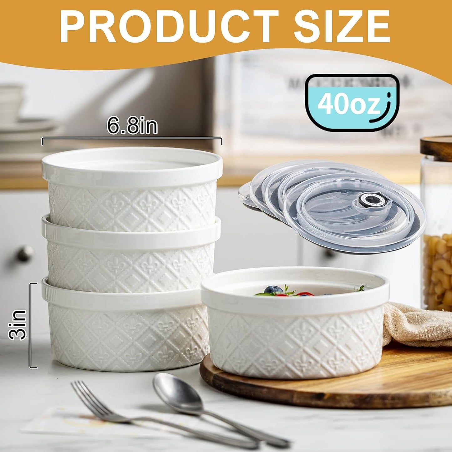 40oz Large Ceramic Mixing Bowls with Lids Set of 4, Ramekin Bowls Oven Safe, Serving Bowls with Lids, Meal Prep Containers, Airtight Food Storage Containers Set for Housewarming, White