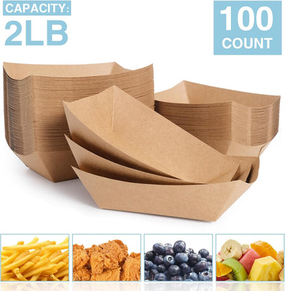 2lb Paper Food Trays, 100 Pack Disposable Paper Food Boat Serving Boats for French Fries Nachos Snack Hot Dog Taco BBQ Popcorn Bachelor Party Picnic