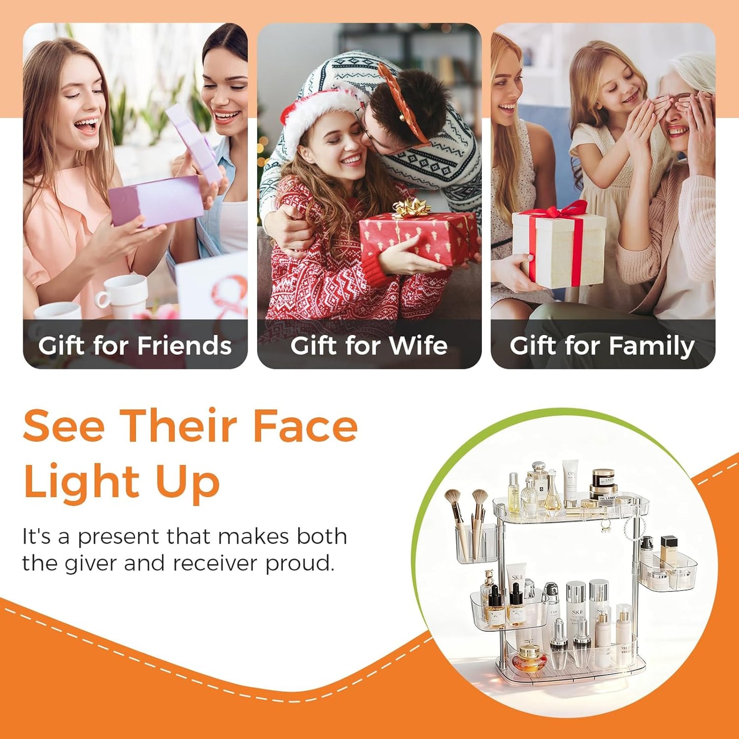 Rotating Makeup Vanity Organizer, Bathroom Countertop Cosmetic Skin Care Storage,Cosmetic Display Case with Brush Holder,for Skincare Perfume Cosmetics,Detachable Hanging Trays & Hooks