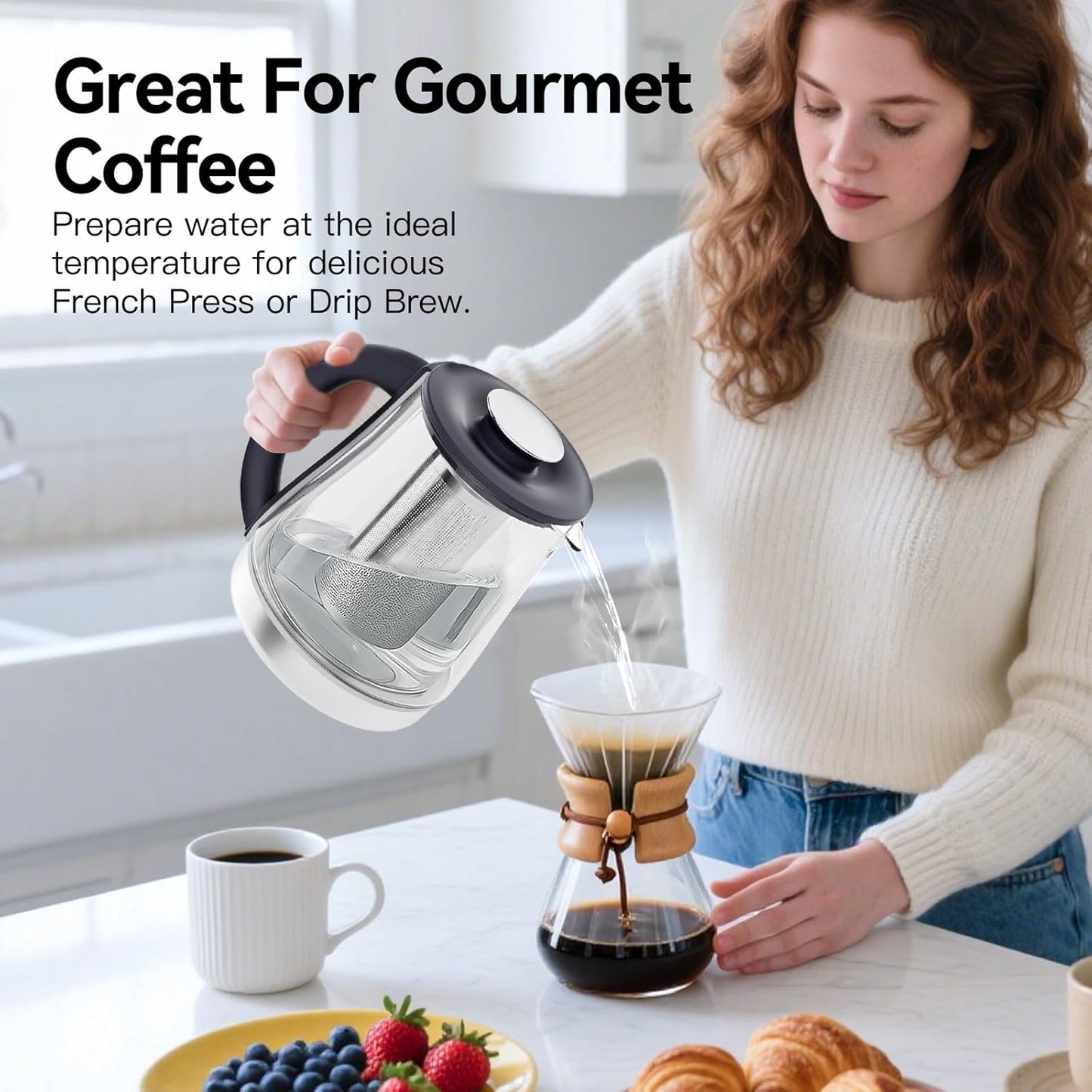 Electric Kettle With Infuser, 1.5L Electric Tea Kettle With Temperature Control, Glass Kettle & Hot Water Boiler,1200W Fast heating for Pour Over Coffee, Brew Tea, Easy to Clean G888B