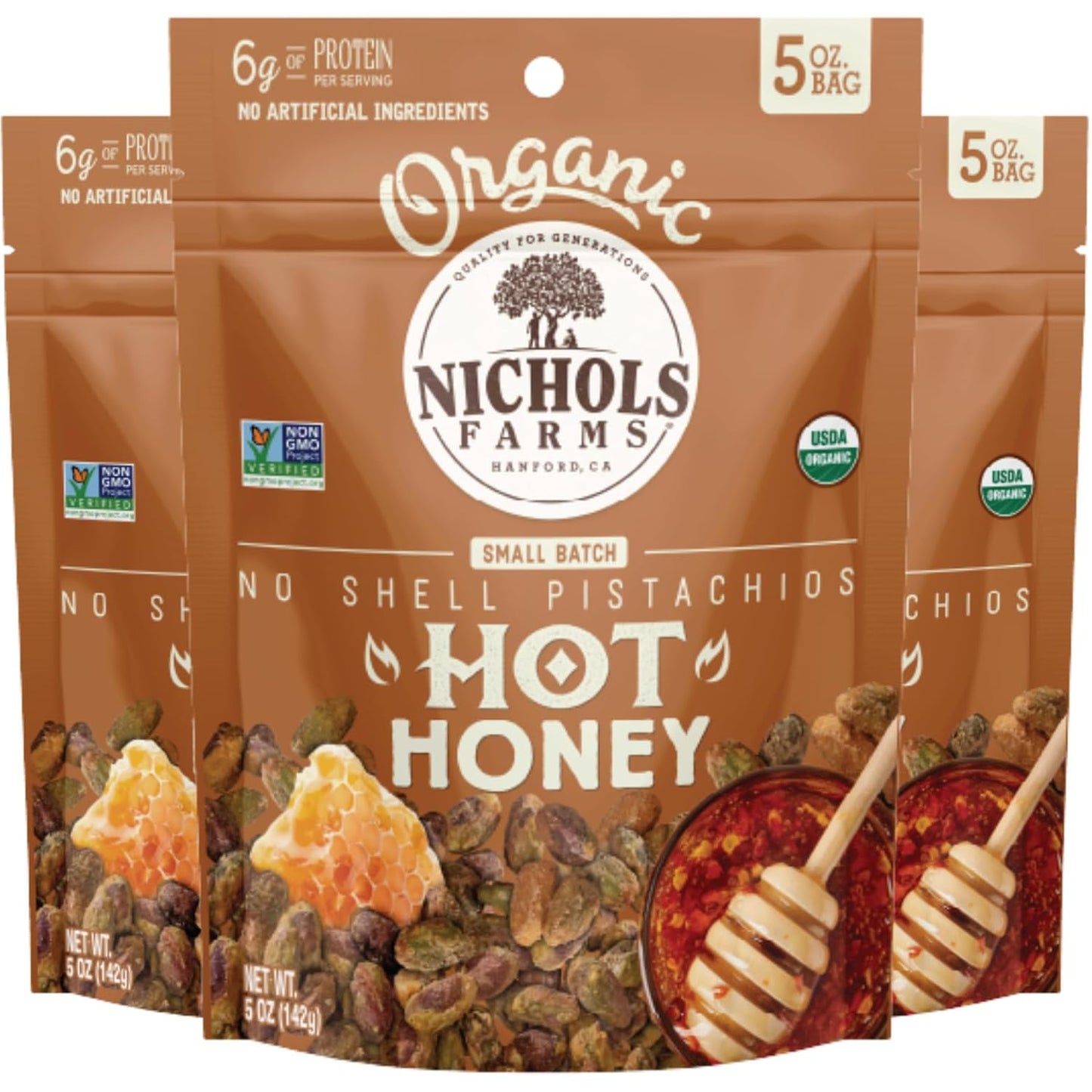 Organic Pistachios, Hot Honey Flavored 5oz 3 Pack No Shell California Pistachios - Nichols Farms