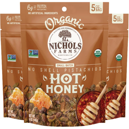 Organic Pistachios, Hot Honey Flavored 5oz 3 Pack No Shell California Pistachios - Nichols Farms