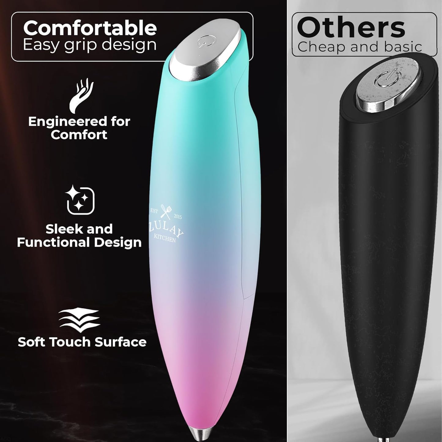 Zulay Kitchen Patented Tornado Triple Whisk Milk Frother with 4 Duracell Batteries – Handheld Foam Maker for Coffee, Lattes, Matcha & Hot Chocolate – Rich, Creamy Froth in Seconds