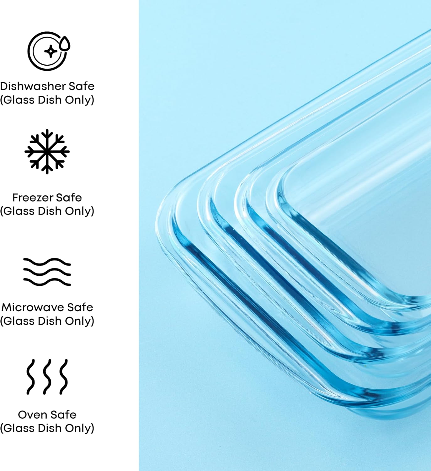 JoyJolt 8-Piece Borosilicate Glass Oven Dishes with Powder Blue Lids, Rectangle Deep Glass Baking Dish Set, Baking Pans for Lasagna Casserole Cake, Bakeware Set, Freezer to Oven Tray to Dishwasher