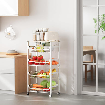 JAQ Fruit Basket for Kitchen, 5-Tier Slide Out Storage Baskets Carts Organizers Drawers with Wood Top Table with Rolling Wheels for Snacks Vegetables Vianderos Para Cocina Modernos (White, 5 Layer)