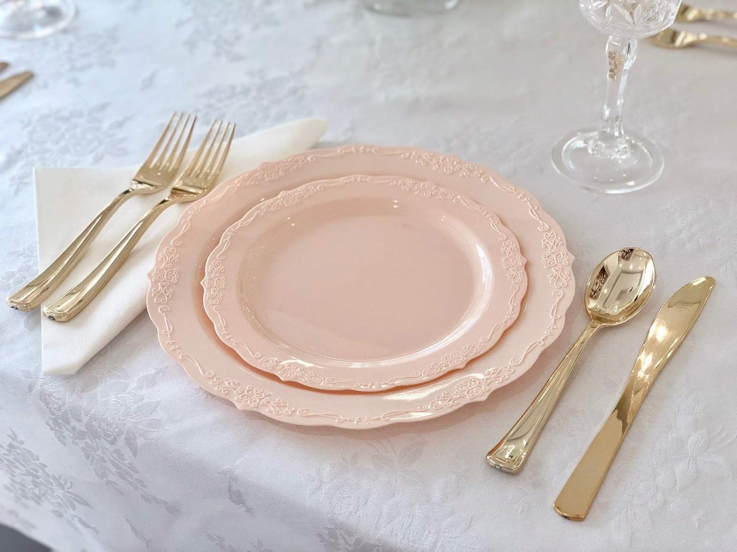 " OCCASIONS " 320 Piece set (40 Guests)-Vintage Wedding Party Disposable Plastic Plates & cutlery -40 x 10'' + 40 x 7.5'' + Silverware + Cups + Napkins (Verona in Blush/Antique Rose)
