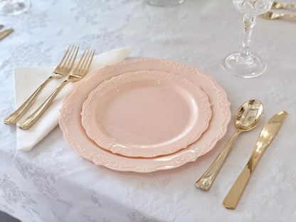 " OCCASIONS " 320 Piece set (40 Guests)-Vintage Wedding Party Disposable Plastic Plates & cutlery -40 x 10'' + 40 x 7.5'' + Silverware + Cups + Napkins (Verona in Blush/Antique Rose)