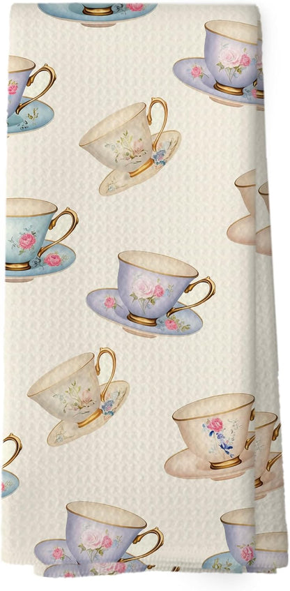 Vintage Spring Floral Teacups Kitchen Dish Towels, Retro Tea Coffee Lovers Gifts for Women Girls, Tea Time Decor, Roses Flower Cups Hand Towels Kitchen Teas Towels Decorations, 16x24inch