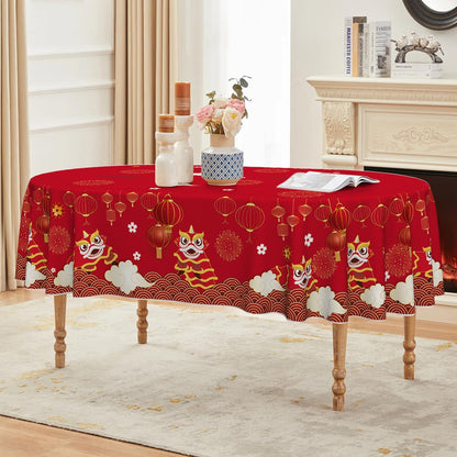 Horaldaily Newyear Tablecloth 60×84 Inch Oval, Chinese Lunar New Year Lion Dance Lantern Red Washable Table Cover for Party Picnic Dinner Decor