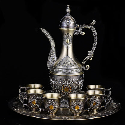 Vintage Turkish Coffee Pot and Cups Set,Tea Service Set Including Teapot,Tea Tray and Metal Cups for Wine Cabinet Decor,Wedding Ornaments (Bronze with Yellow Crystal)