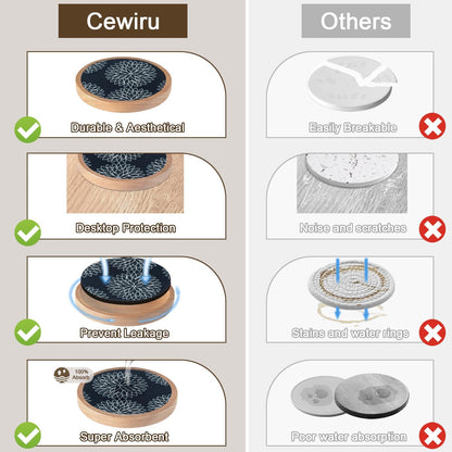 Wood Coasters Set of 8 with Holder, Cewiru Cup Mat for Drinks, Absorbent Coasters with Felt Insert for Coffee Table Protection, Modern Style Home Dining Table Decor, 4.3" Black