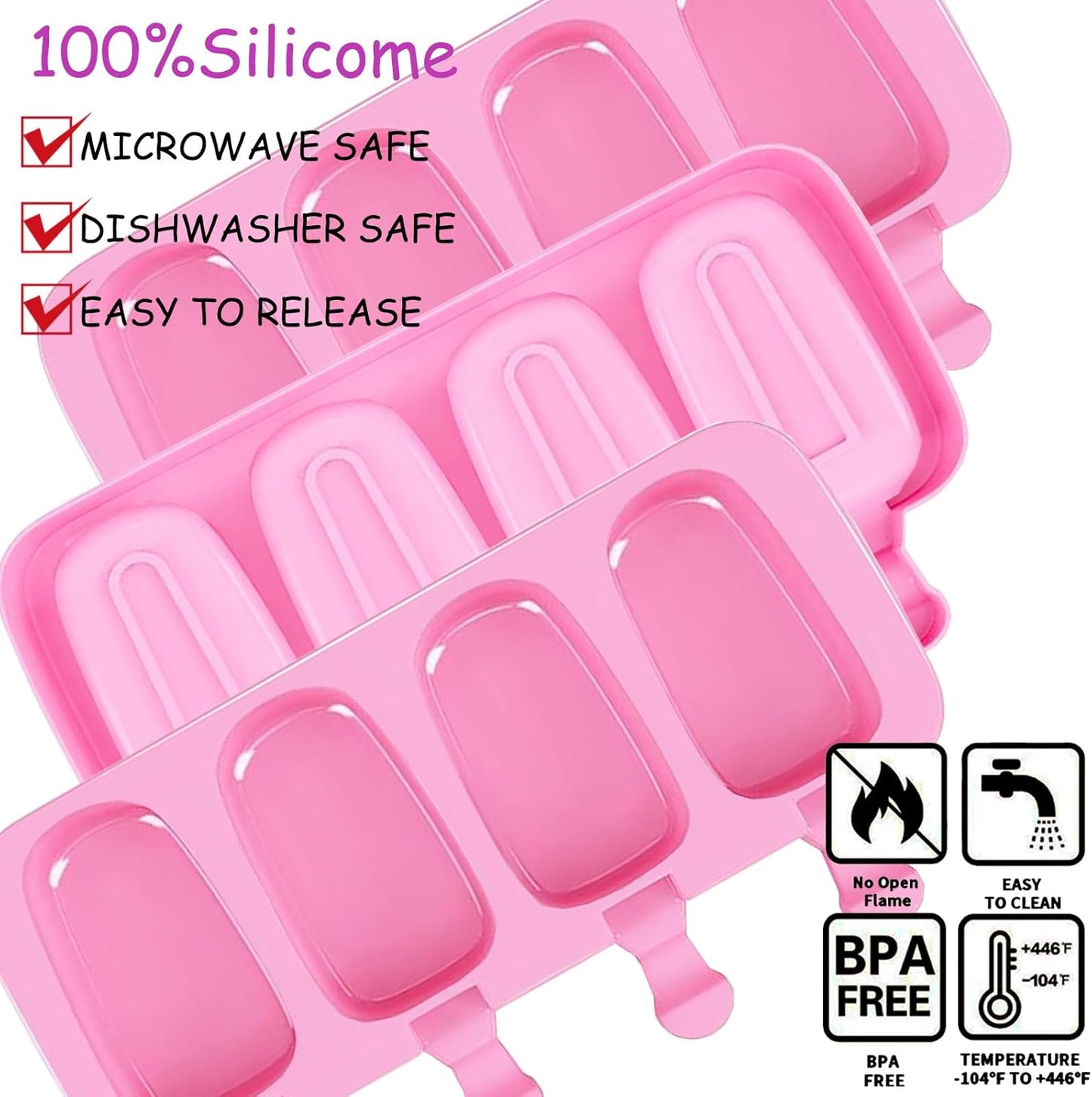 3pcs Large Silicone Popsicle Molds Set,BZIDII 4 Cavities Cake Pop Molds,Oval Ice Cream Bar Mold Ice Pop Cakesicle Molds Silicone with 100 Wooden Sticks & 100 Bags &100 Twist Ties(Pink)