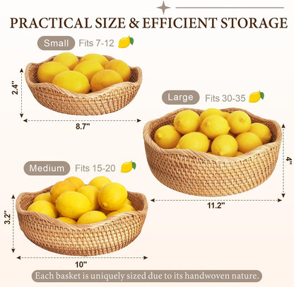 Rattan Bread Basket for Fruit, Natural Wicker Fruit Basket for Kitchen Counter, Hand Woven Food Baskets, Bread Baskets for Serving, Large Wicker Basket for Vegetable, Snack, Candies, Etc.(Wave-Large)