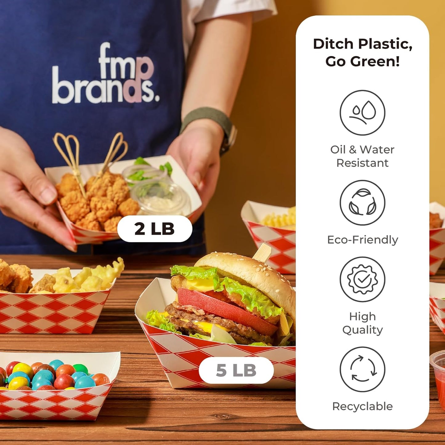 Fit Meal Prep [250 Pack 2 lb Paper Food Boats Heavy Duty Disposable Food Trays, Red Check Nacho Tray for Parties Fairs Picnics Carnivals Holds Tacos Nachos Fries Hot Dogs Grease Resistant