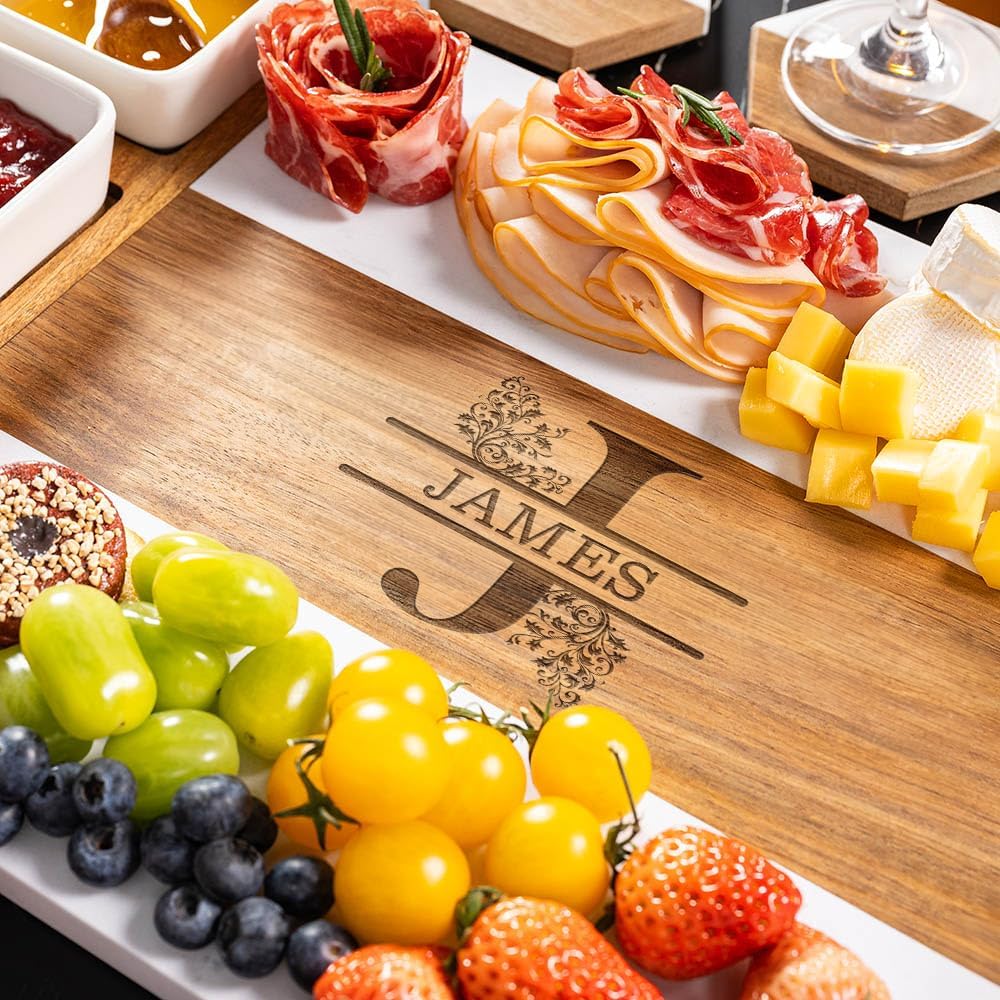 Personalized Charcuterie Board, Custom Marble Cheese Boards for Bridal Shower Gifts, House Warming Gifts New Home, Wedding Gifts for Couples (Floral Monogram)