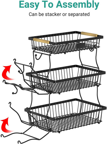 3 Tier Fruit Basket for Kitchen Counter with 2 Banana Hangers, Countertop Metal Fruit Bowl with Wooden Handle, Large Storage Stand for Vegetables, Snacks, Breads, Produce Storage – Black