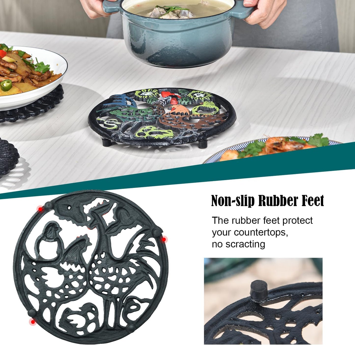 Sungmor Cast Iron Trivet for Wood Stove - Dia-8.1 Inch Rustproof Round Stands for Hot Pots/Dishes/Pans - Decorative Metal Table Trivet for Kitchen Cooking