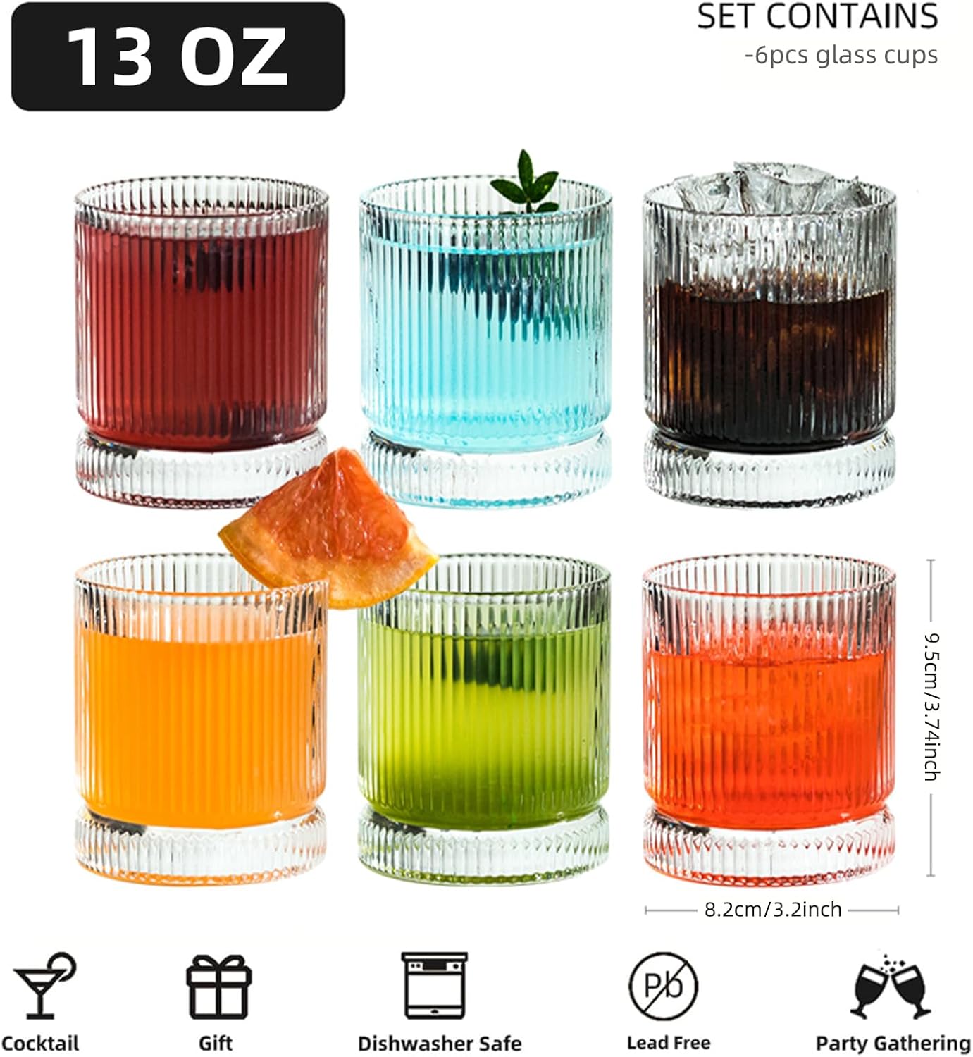 Ribbed Glass Cups Set, 13oz Vintage Drinking Glassware Set, 6 Piece Premium Glassware, Elegant Mixed Glassware Set, Origami Style Cocktail Glasses, Great for Whisky, Iced Coffee & Beverages (6PCS)