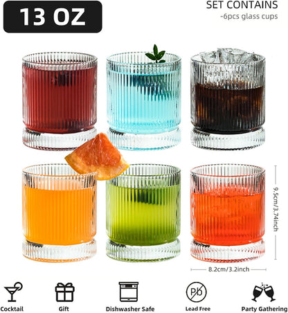 Ribbed Glass Cups Set, 13oz Vintage Drinking Glassware Set, 6 Piece Premium Glassware, Elegant Mixed Glassware Set, Origami Style Cocktail Glasses, Great for Whisky, Iced Coffee & Beverages (6PCS)