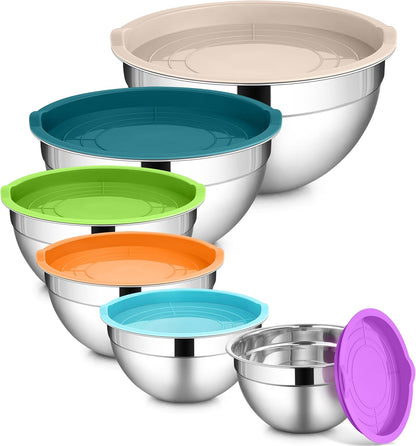LIANYU Mixing Bowls with Lids Set of 6, Large 7 & 3.5 & 2.5 & 2 & 1.5 & 1QT Stainless Steel Serving Bowls, Kitchen Metal Nesting Bowl for Cooking, Food Storage, Dishwasher & Freezer Safe, Multi-Color