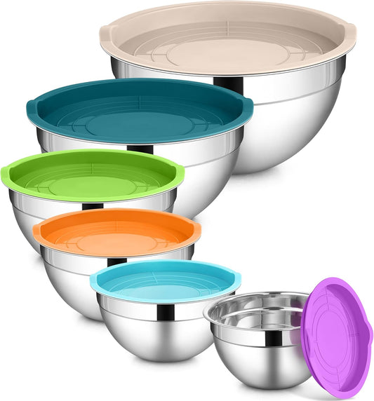 LIANYU Mixing Bowls with Lids Set of 6, Large 7 & 3.5 & 2.5 & 2 & 1.5 & 1QT Stainless Steel Serving Bowls, Kitchen Metal Nesting Bowl for Cooking, Food Storage, Dishwasher & Freezer Safe, Multi-Color