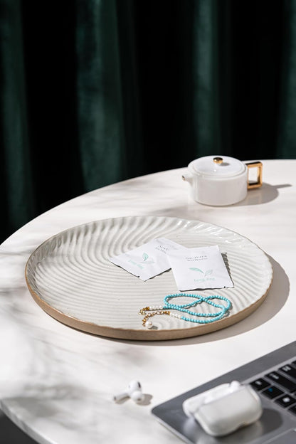 Vanity Tray with Brown Trim - Candle & Perfume Holder Organizer - Round White 11"11" - Home Decor for Dresser, Table, Bathroom Countertop