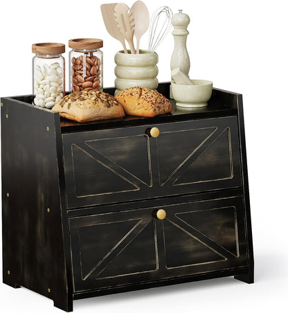 Vintage Double Layer Bread Box for Kitchen Counter Bamboo Bread Storage Container Large Capacity Bread Storage Bin (Antique Black)