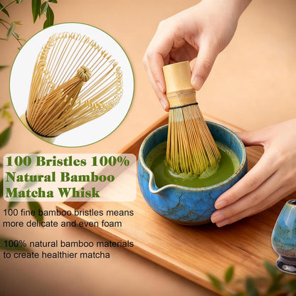 HEYMKGO Matcha Whisk Set 8 Pcs, Sapphire Blue Matcha Bowl with Spout, Bamboo Whisk & Holder, Scoop, Scoop Rest, Sifter, Bamboo Spoon & Tea Towel - Traditional Japanese Matcha Tea Ceremony Kit
