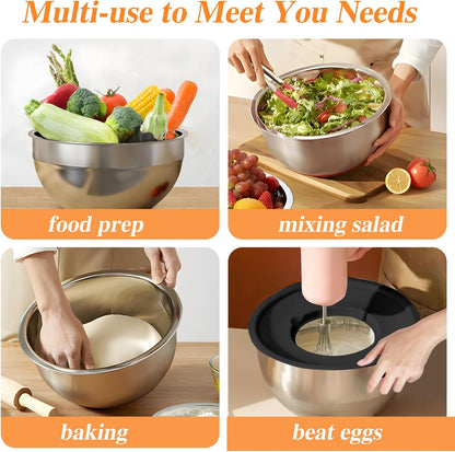 Mixing Bowls with Lids Set, 6 PCS Stainless Steel Mixing Bowls with 3 Grater Attachments, Kitchen Food Storage Organizers Nesting Mixing Bowl, Large Size 4.5, 3.5, 2.1, 1.5, 1.1, 0.7QT-Black