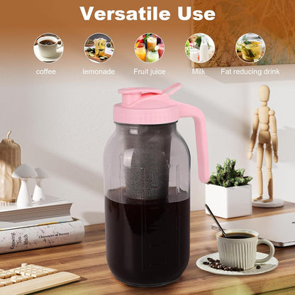 Cold Brew Coffee Maker，64 oz Wide Mouth Mason Jar Pitcher with Stainless Steel Filter, Pour Spout Handle Lid, Heavy Duty Glass Airtight & Leak-Proof for Iced Coffee & Tea Lemonade-Pink