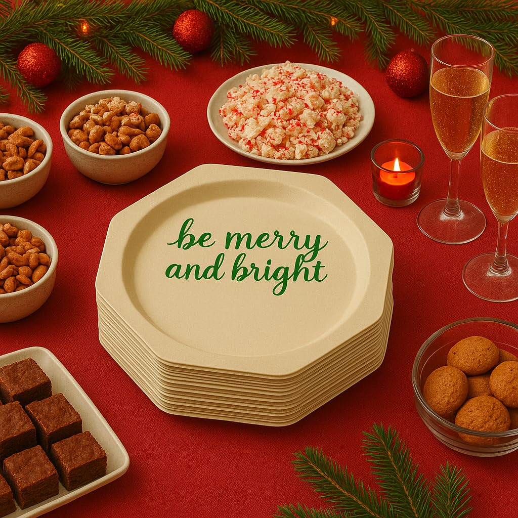 Perfectware Disposable Wooden Christmas Plates, 10.2 Inch Octagon Shape, Be Merry and Bright Green Print, 25 Count