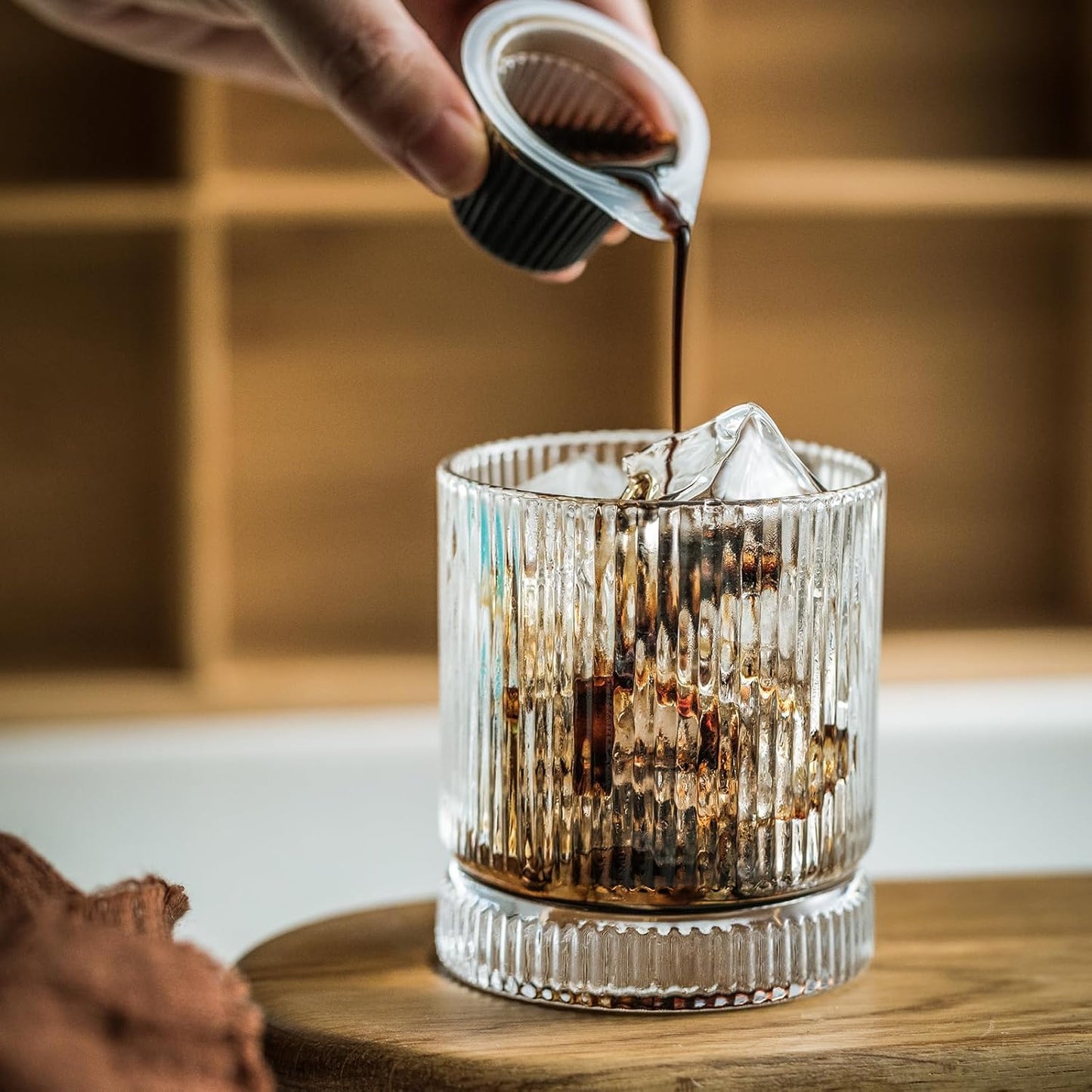 Ribbed Glass Cups Set, 13oz Vintage Drinking Glassware Set, 6 Piece Premium Glassware, Elegant Mixed Glassware Set, Origami Style Cocktail Glasses, Great for Whisky, Iced Coffee & Beverages (6PCS)