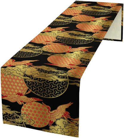 Japanese Crane Table Runner, Luxury Asian Style Oriental Line Art Abstract Geometry Glod Wave Traditional Elements Table Runner for Kitchen Home Party Dinner Set, 13x120 Inch