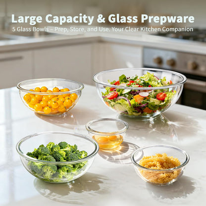 WhiteRhino Glass Mixing Bowl with Lids Set of 5, 0.2, 0.5, 1.1, 2.1, 3.75 QT, Large Salad Bowls with BPA-Free Lids, Space-Saving Nesting Bowls for Kitchen Food Storage, Glass bowl for Cooking, Baking