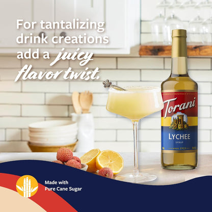 Torani Lychee Syrup for Drinks, Flavoring for Iced Tea, Sodas, and Cocktails, Glass Bottle with Pump Included, 25.4 Fl Oz