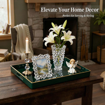 Zosenley Decorative Tray, Rectangular Plastic Tray with Handles, Modern Vanity Tray and Serving Tray for Bathroom, Kitchen, Ottoman and Coffee Table, 15.6” x 10.2” (Dark Green)