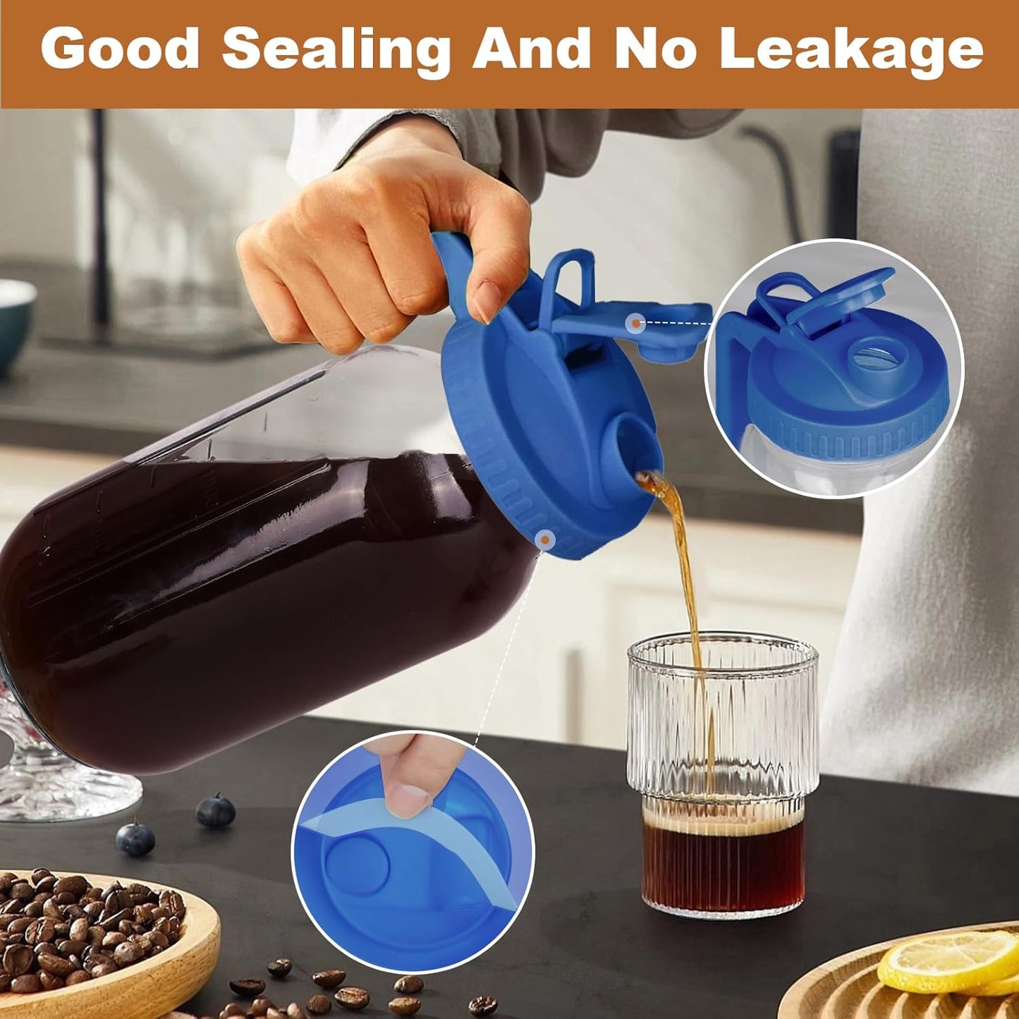 Cold Brew Coffee Maker,64 oz Mason Jar Pitcher with Stainless Steel Filter, Pour Spout Handle Lid, Heavy Duty Glass Airtight & Leak-Proof for Iced Coffee Tea & Lemonade -Blue